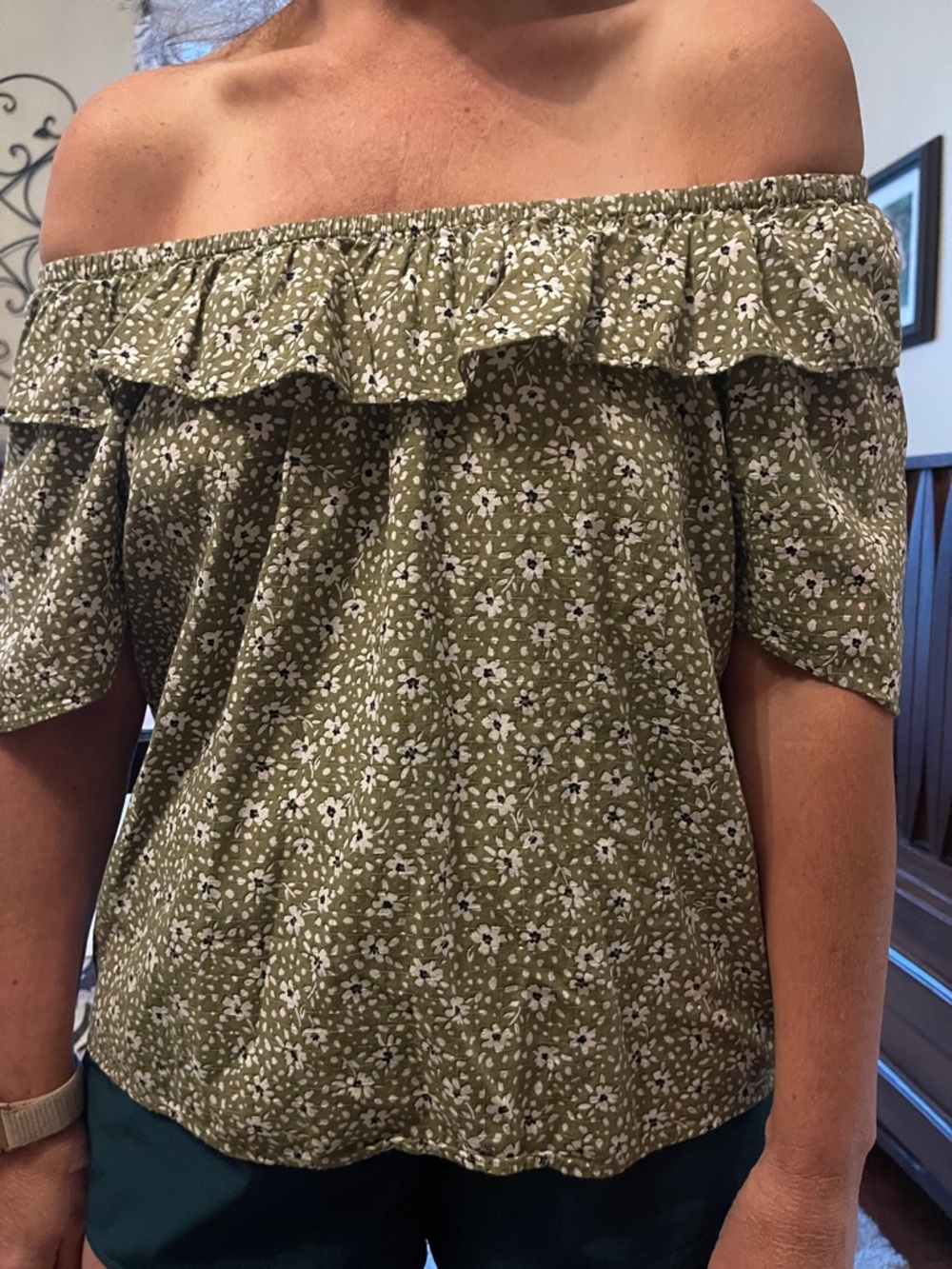 Ann Taylor Olive Green Off-Shoulder Floral Ruffle Top